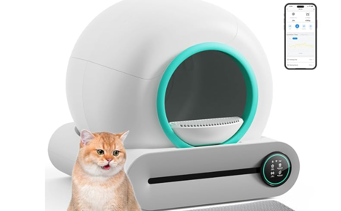 Cat sitting next to robot cat litter box