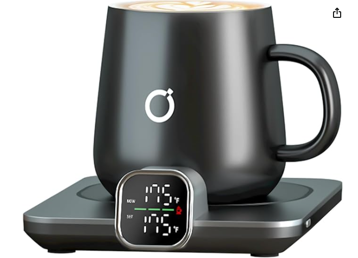 A black mug on top of square black base with digital temperature panel