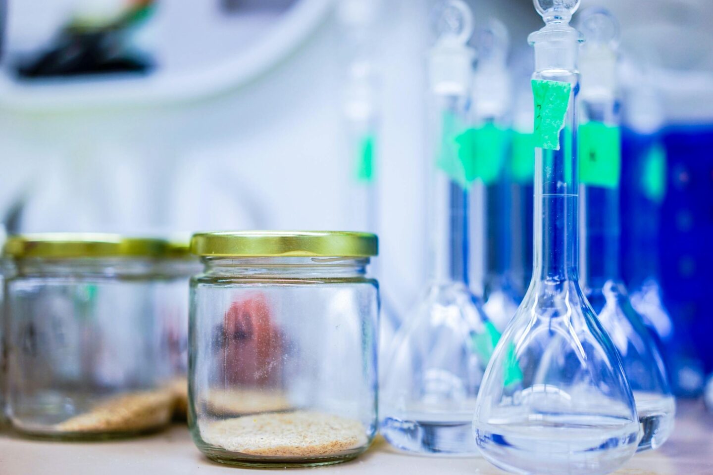 Laboratory with glass jars and beakers