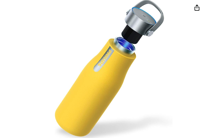 a yellow water bottle with a blue light inside