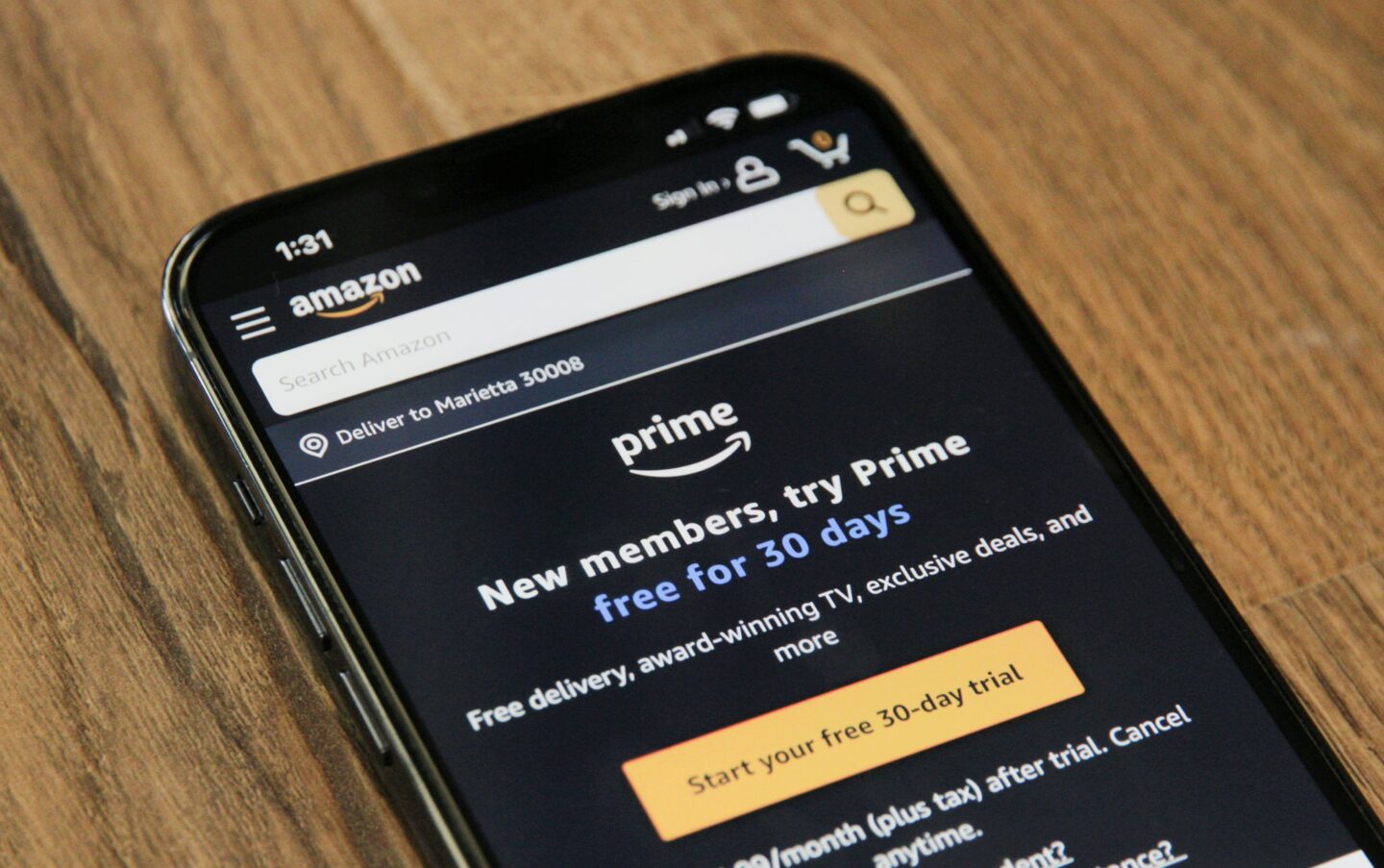 Amazon Prime website open on smartphone